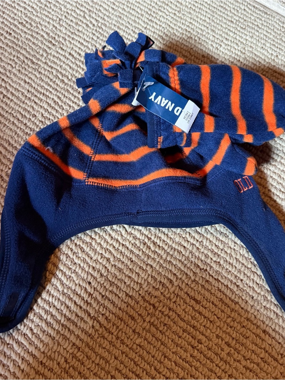 Old Navy Kids' Navy & Orange Striped Fleece Hat and Mittens Sz 2T/3T